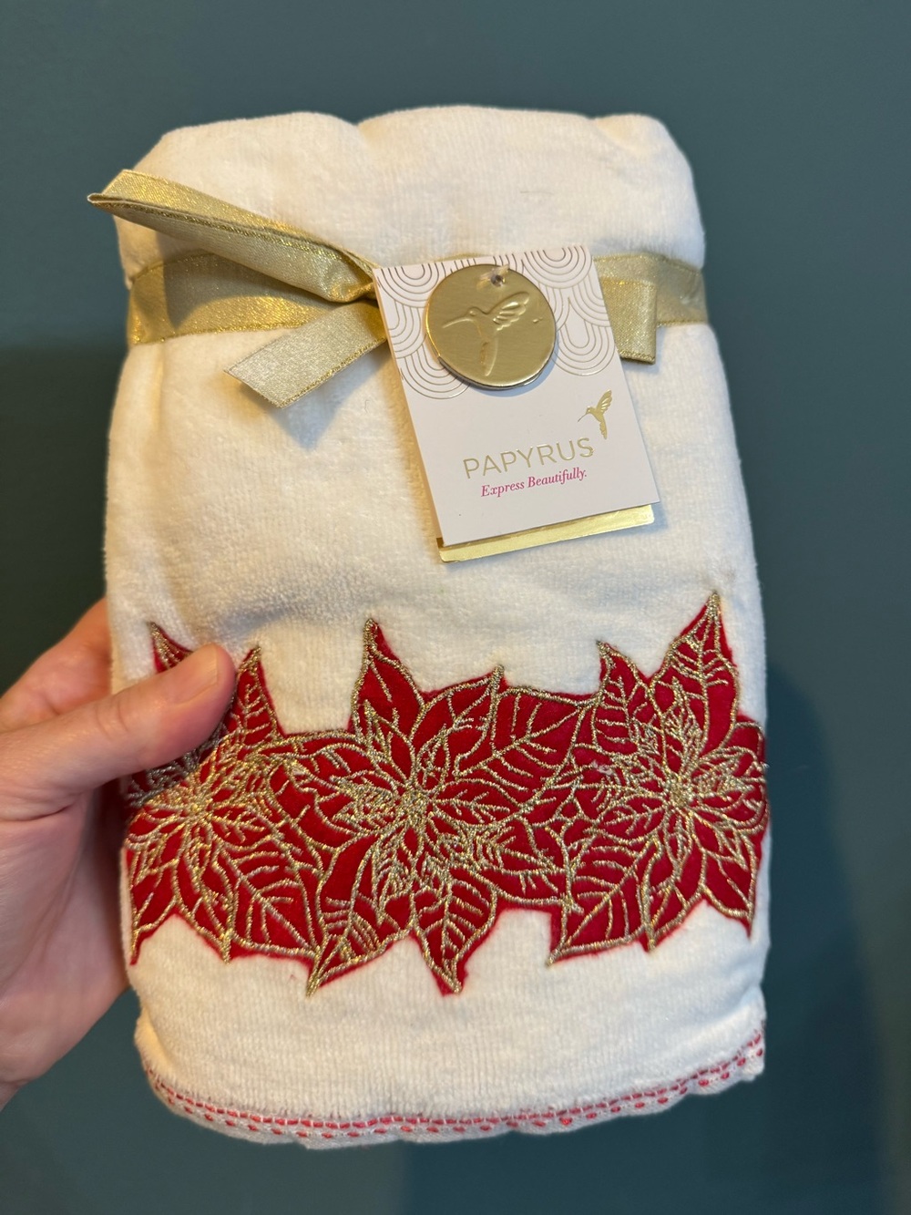 NWT Papyrus Red Poinsettia Holiday Hand Towels with Gold Embroidery - Set of 2